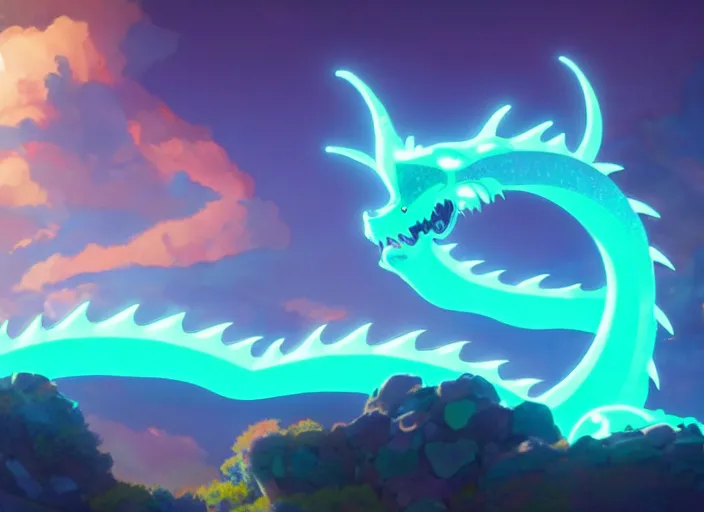 Image similar to a wholesome animation key shot of a neon dragon, close up, studio ghibli, pixar and disney animation, sharp, rendered in unreal engine 5, clear sky, anime key art by greg rutkowski, bloom, dramatic lighting