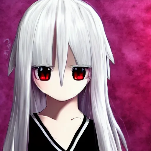 Prompt: white hair, red eyes, two small horn on the head, anime style, anime girl,