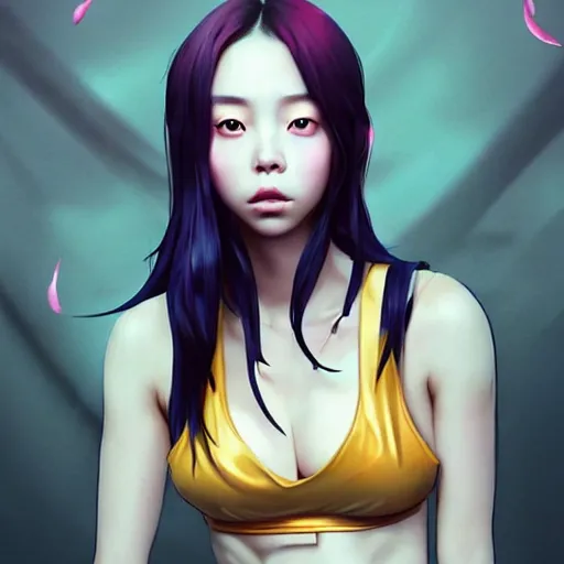 Image similar to a beautiful young korean kpop star billie eilish lucy liu alluring instagram model in elaborate latex bikini tank top, tank top made from latex demon faces, by guweiz and wlop and ilya kuvshinov and artgerm and, aesthetic, gorgeous, stunning, alluring, attractive, artstation, deviantart, pinterest, digital art