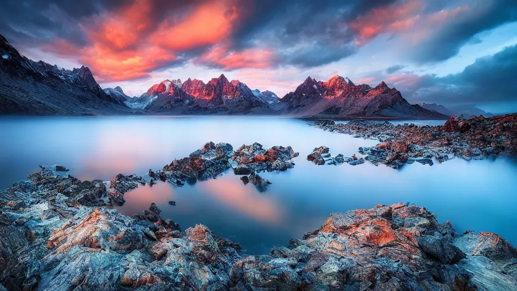 Image similar to amazing landscape photo of mountains with lake in sunset by marc adamus, beautiful dramatic lighting