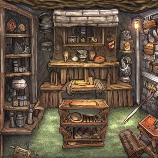 Prompt: the inside of a wizard's cottage by Reann Chou, potions and scrolls, wizard equipment