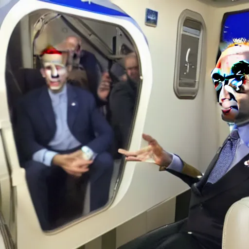 Image similar to cybernetic joe biden riding Amtrak