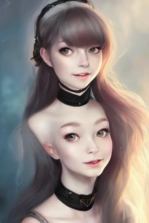 Image similar to portrait of a gorgeous young female artificer, looking at camera, D&D, choker on neck, stylish dress, mouth slightly open, cute slightly nerdy smile, very long flowing hair, intricate, elegant, stylish, fantasy, extremely detailed, digital painting, artstation, concept art, smooth, sharp focus, illustration, stunning lighting, art by artgerm and greg rutkowski and alphonse mucha and simon stalenhag