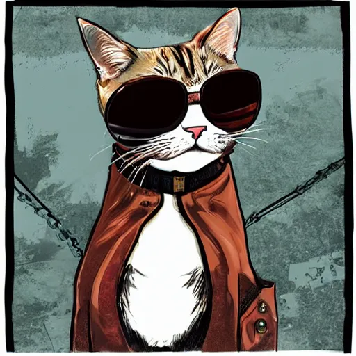 Prompt: Cat wearing sunglasses and a leather jacket, in GTA V, cover art by Stephen Bliss.