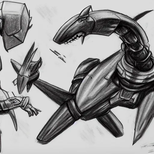 Image similar to a quick pencil sketch showing a full - body wide - shot of a giant athletic humanoid mecha robot punching a giant humanoid hammerhead shark kaiju in the head