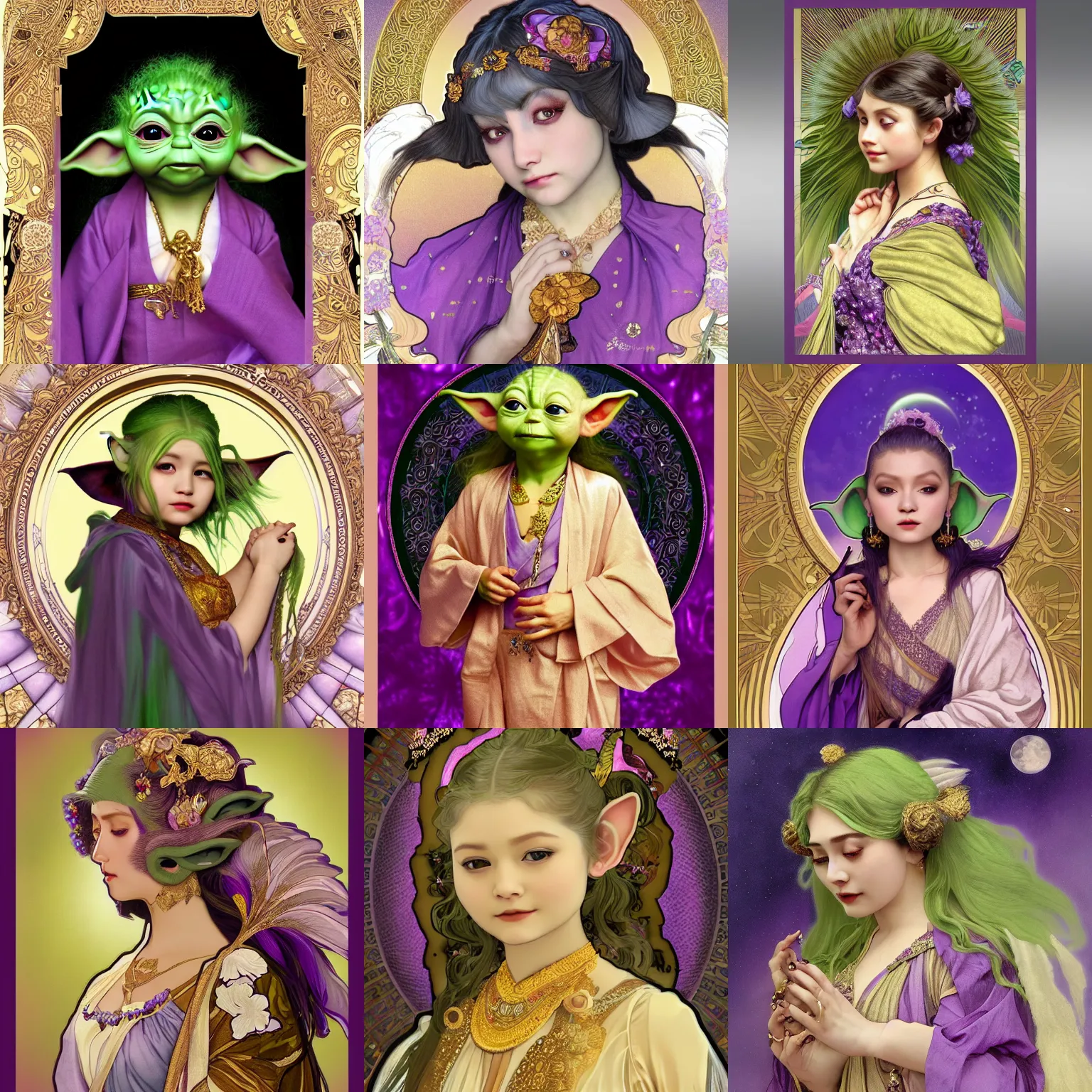 Prompt: baby yoda with long hair, wearing ornate silk clothes, gold jewelry, moon, purple feathers, by Alphonse Mucha, by artgerm, rule of thirds, super detailed, 8k