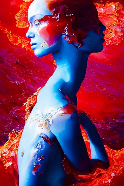 Image similar to 3 d, crying fashion model, flame, liquid deep blue and red water, sun, vogue cover style, poster art, high detail, intricate oil painting, multiple exposure, heaven mood, hyperrealism, 3 d, by tooth wu and wlop and beeple and greg rutkowski