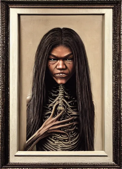 Image similar to portrait of zendaya with a little alien head for a tongue, necronom v, painting by h. r. giger