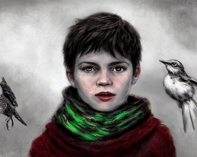 Image similar to a black and white highly detailed digital painting of a young boy with a red scarf, medium long brown hair, green eyes, is looking at a bird, ethereal, horror, fantasy art by greg rutkowski and magali villeneuve and claude monet black and white but the eyes are green and the scarf is red