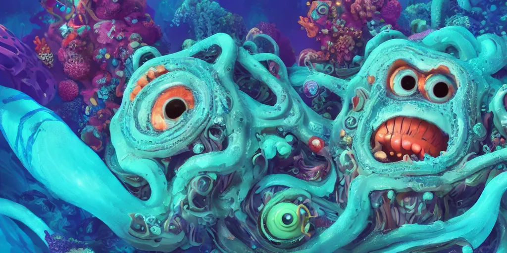 Image similar to of a colorful deep sea under water with strange cute friendly happy creatures with huge eyes, mouth, long tongue and round teeth appearing from sandy coral, in the style of gehry and gaudi, macro lens, shallow depth of field, ultra detailed, digital painting, trending artstation, concept art, illustration, cinematic lighting, photorealism, epic, octane render