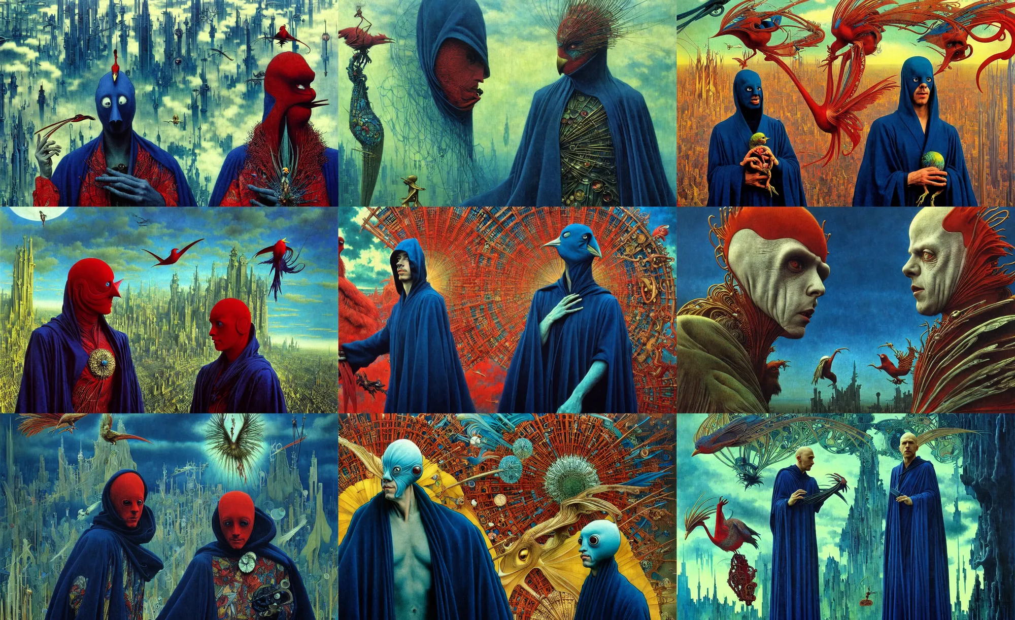 Prompt: realistic detailed portrait movie shot of a birdman wearing dark robes, sci fi city landscape background by denis villeneuve, amano, yves tanguy, alphonse mucha, ernst haeckel, max ernst, roger dean, masterpiece, rich moody colours, blue eyes