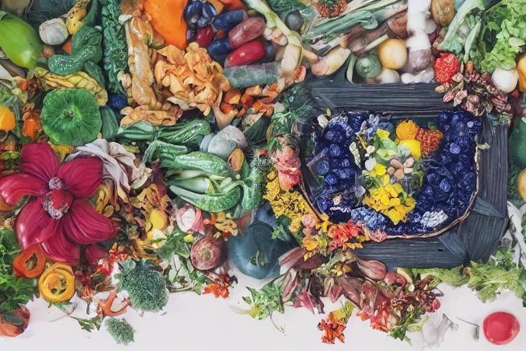 Image similar to framed photo of a super detailed color art, a lot of small garden flowers, A multiverse of vegetables, fruits and blueberries, unreal engine, wes anderson and Moebius color palette, 3d render, colorful, digital art