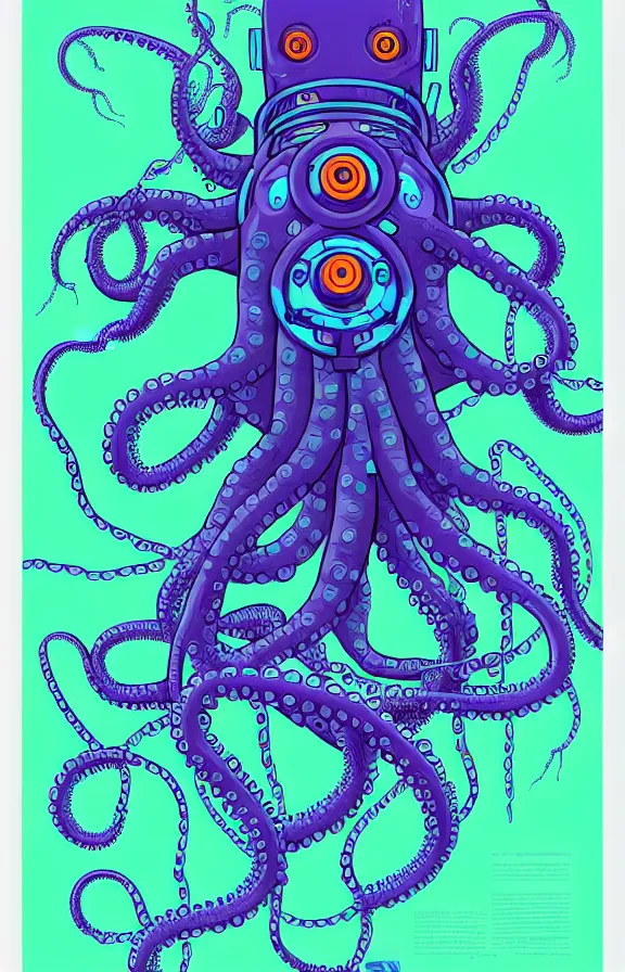 Image similar to robotic cyberpunk octopus by miyazaki, blue green purple color palette, symmetrical poster illustration, kenneth blom, mental alchemy, james jean, pablo amaringo, naudline pierre, contemporary art, hyper detailed