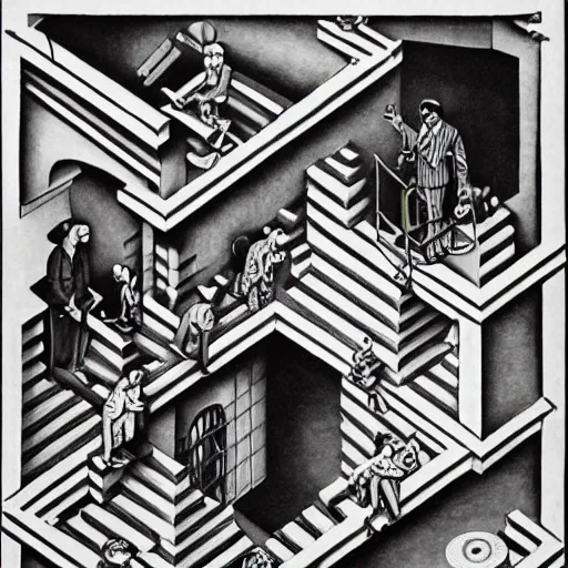 Prompt: the unstable salesman by M.C. Escher
