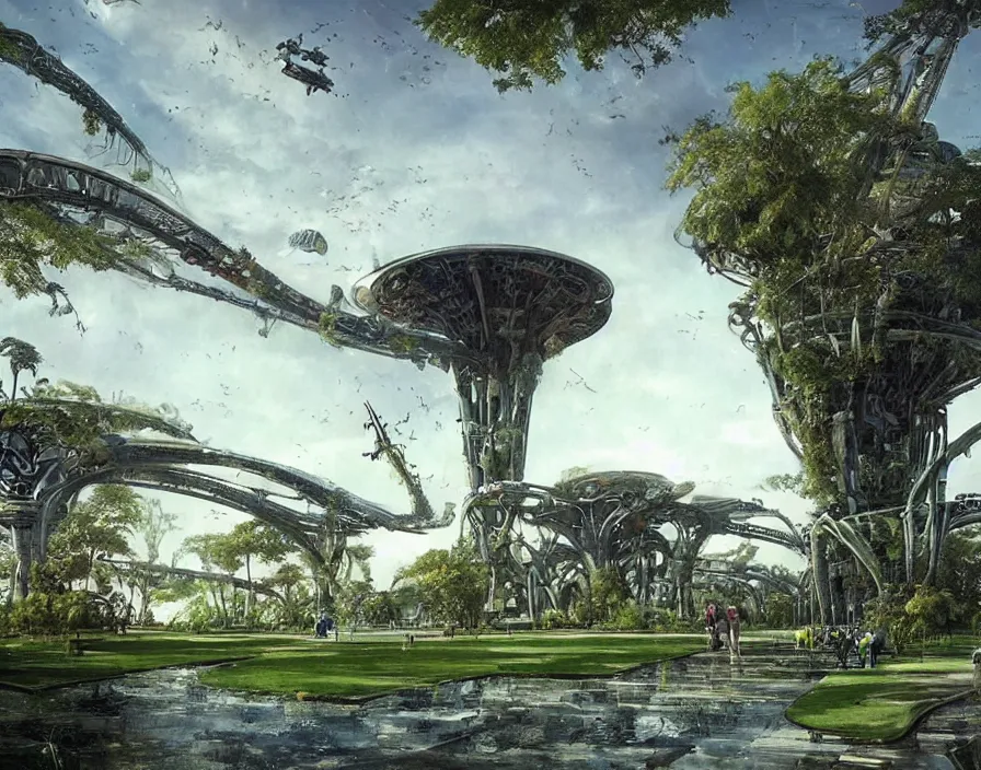 Prompt: a beautiful park with bridges and lawns and paths and baobab trees in an alien city, in the background a baroque temple, alien buildings, scifi, science fiction spacecraft is landing, multicoloured, hr giger, john berkey, daniel dociu, jeremy mann,
