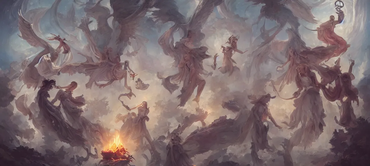 Image similar to angelical time keepers in sacred clothes performing a ritual of planetary sacrifice, emotional, fantastic, stars, tarot, detailed, realistic, digital art, trending on artstation by peter mohrbacher, greg rutkowski and artgerm