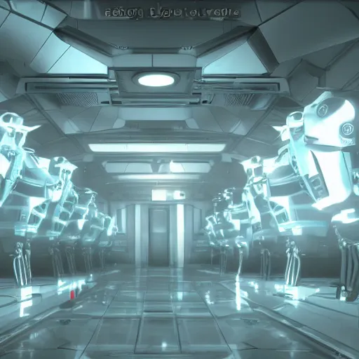 Prompt: long hall in futuristic lab, full of robots, light blue and white, background of resident evil game