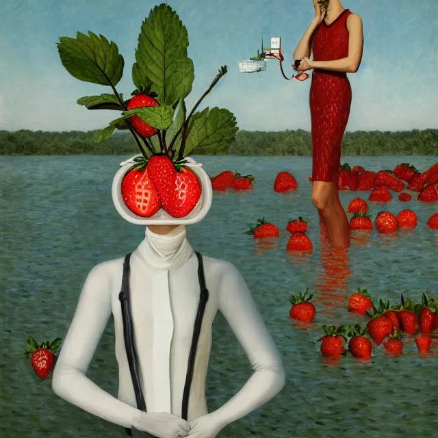 Prompt: a tall female pathology student holding a strawberry, a river flooding inside, medical supplies, medical mask, syringes, pathology sample test tubes, pigs, plants in glass vase, water, river, rapids, canoe, pomegranate, berries dripping, waterfall, swans, acrylic on canvas, surrealist, by magritte and monet