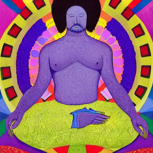 Prompt: A beautiful painting of a man with a large head, sitting in what appears to be a meditative pose. His eyes are closed and he has a serene look on his face. His body is made up of colorful geometric shapes and patterns that twist and turn in different directions. It's almost as if he's sitting in the middle of a kaleidoscope! electric purple by Peter Holme III, by Phoebe Anna Traquair ghostly, sinister