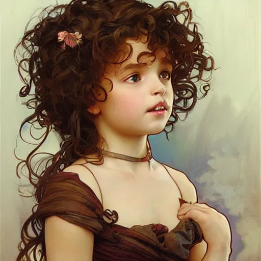 Prompt: a picture of a little girl with curly hair being very overdramatic, painting by artgerm and greg rutkowski and alphonse mucha