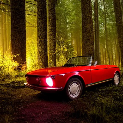 Image similar to fiat 1 2 4 in the dark forest, night, headlights on