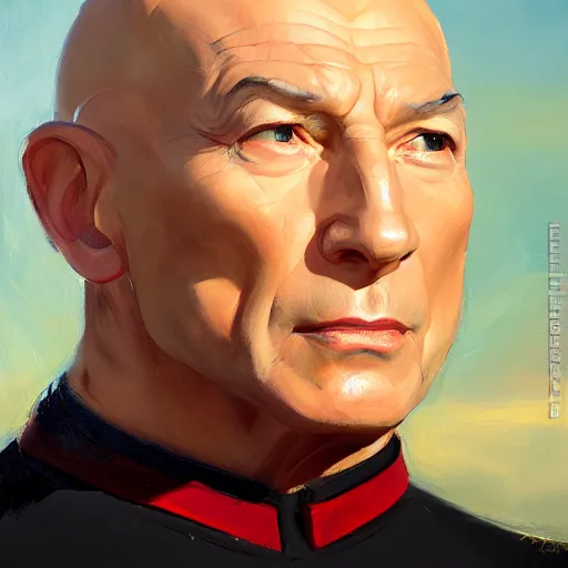 Image similar to greg manchess portrait painting of jean luc picard as overwatch character, medium shot, asymmetrical, profile picture, organic painting, sunny day, matte painting, bold shapes, hard edges, street art, trending on artstation, by huang guangjian, gil elvgren, ruan jia, greg rutkowski, gaston bussiere