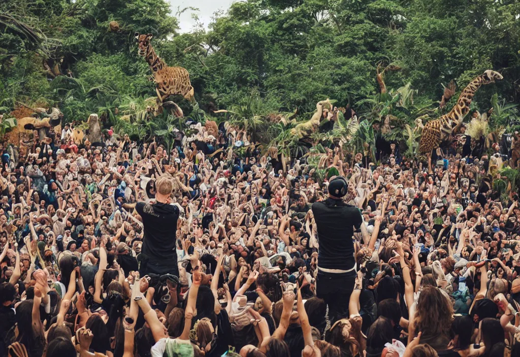 Image similar to a dj performing to a crowd of zoo animals