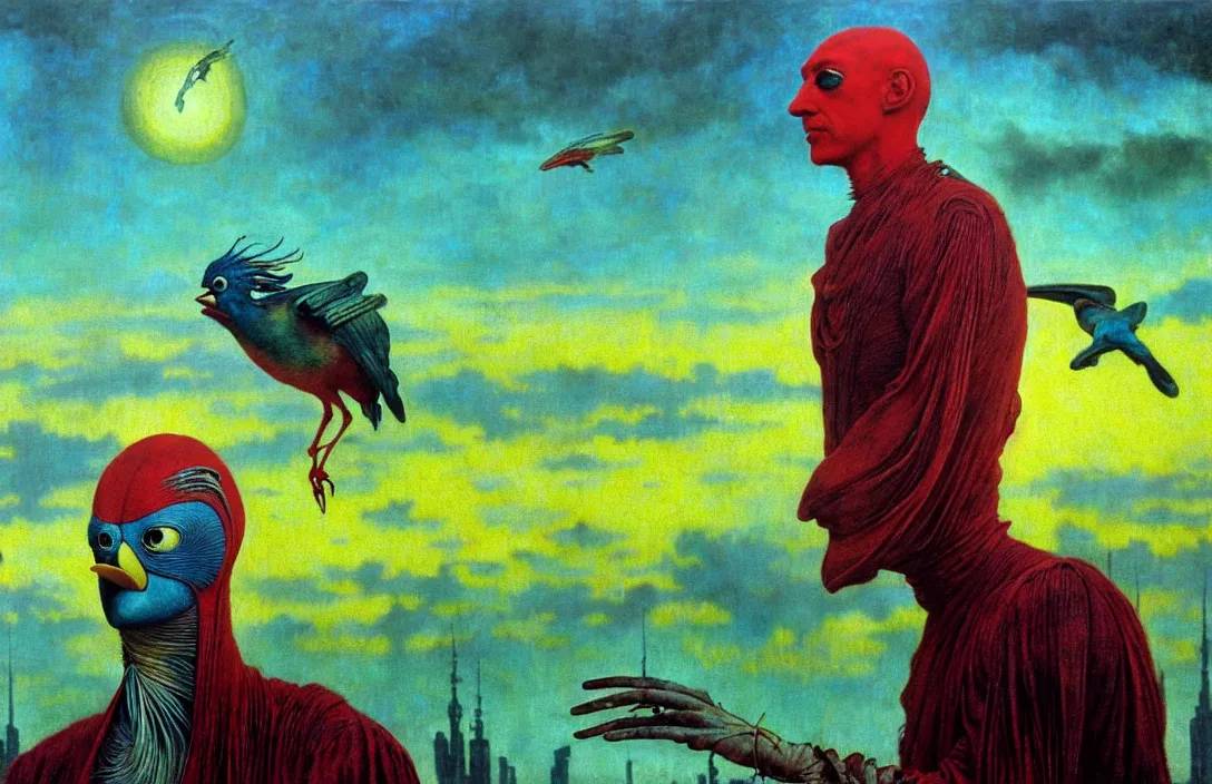 Image similar to realistic detailed portrait movie shot of a birdman wearing dark ragged robes, sci fi city sunset landscape background by denis villeneuve, amano, yves tanguy, alphonse mucha, ernst haeckel, max ernst, roger dean, masterpiece, rich moody colours, bird head, blue eyes