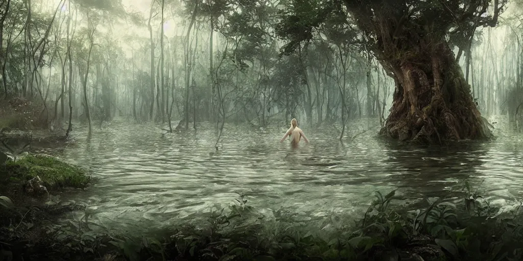 Prompt: forest nymph rising from the water. view from behind, back view. nuri iyem, james gurney, james jean, greg rutkowski, anato finnstark. award winning photography, cinematic, detailed