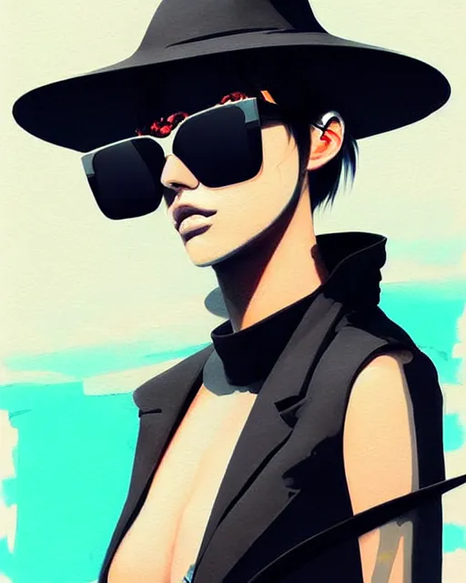 Prompt: a ultradetailed beautiful painting of a stylish shark humanoid wearing black ysl sunglasses and a black bucket hat, by conrad roset, greg rutkowski and makoto shinkai trending on artstation