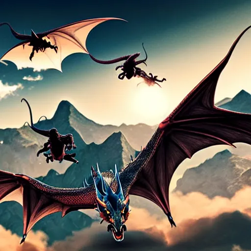 Image similar to a vast landscape of mountains and sky with a group of hyper detailed dragons flying through the sky photorealistic