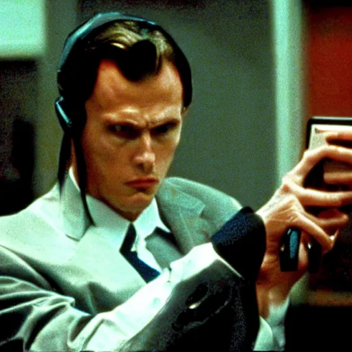 Prompt: phone call scene in American Psycho (1999)