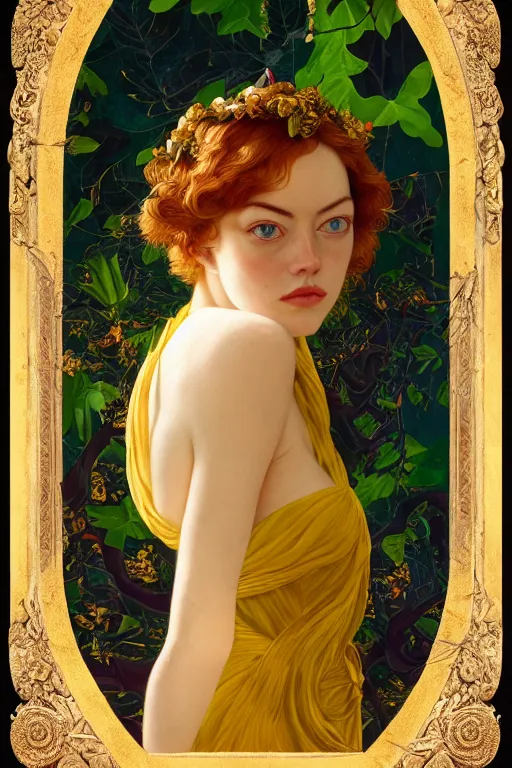 Prompt: masterpiece beautiful seductive flowing curves preraphaelite face portrait of emma stone amongst leaves, extreme close up shot, yellow ochre ornate medieval dress, branching abstract decorate structural circle, halo, amongst foliage, gold gilded circle halo, kilian eng and frederic leighton and rosetti, 4 k