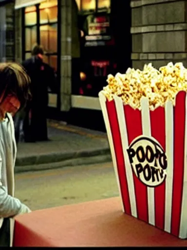 Prompt: “ iggy pop is selling popcorn at the popcorn booth in the street, movie screenshot, cinematic, epic, dramatic ”