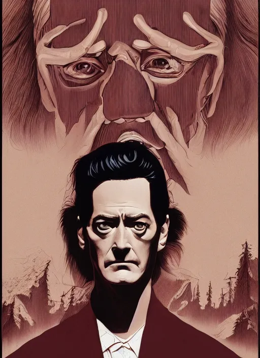 Prompt: Twin Peaks movie poster artwork by Michael Whelan and Tomer Hanuka, Rendering of Kyle MacLachlan resists the body horror, from a scene from Twin Peaks, clean, full of detail, Matte painting, trending on artstation and unreal engine