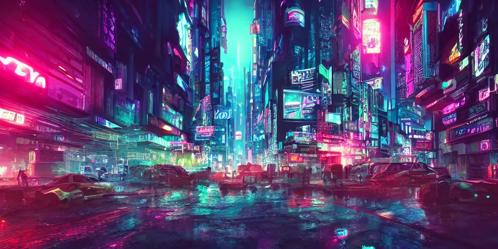 Image similar to Hyper detailed digital art of a cyberpunk city, neon lights, nighttime, 4k, ultra realistic, view from the streets