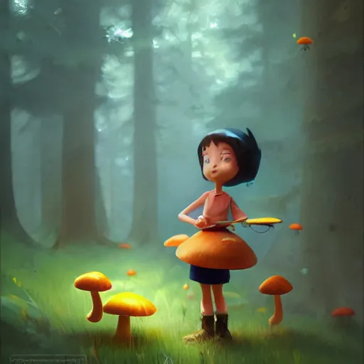Image similar to goro fujita ilustration a cheerful girl collecting mushrooms in the forest, characterized by masamune shirow and greg rutkowski, character art, sharp focus, highly detailed, artstation