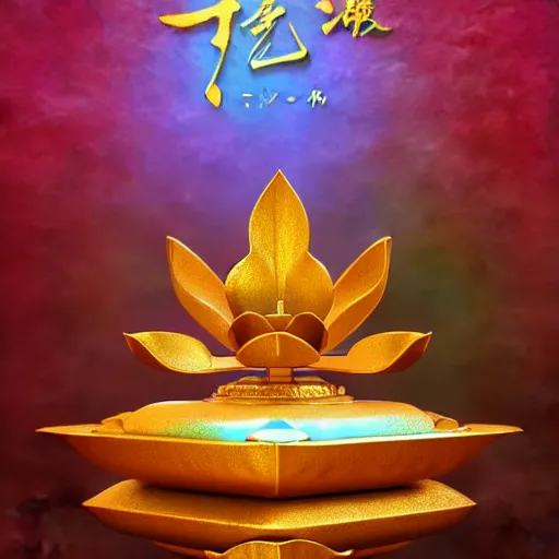 Image similar to a pastel illustration in the style of noriyoshi ohrai and mark tedin of an ancient holy gilded metal lotus artifact that sits in a temple on pillow. key art. 4 k retrofuturistic fantasy