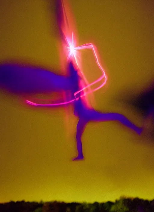 Image similar to female ascending into the sky, glowing aura, motion blur, long exposure, film grain, cinematic lighting, experimental film, shot on 1 6 mm