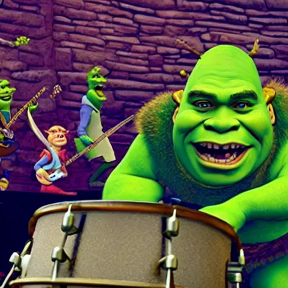 Image similar to shrek playing on drums in style of gorillaz by jamie hewlwtt