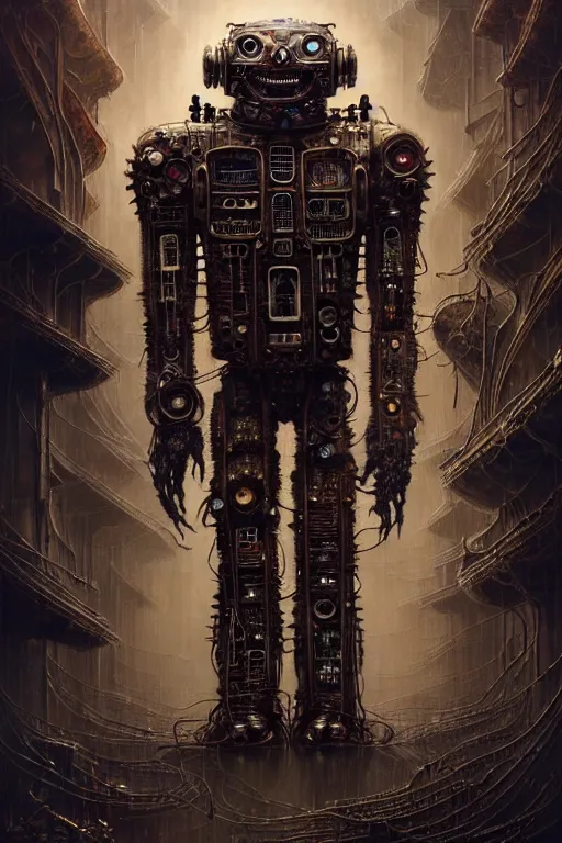 Image similar to A photo of a robot monster cyborg made of circuits wide view shot by ellen jewett , tomasz alen kopera and Justin Gerard, symmetrical features, ominous, magical realism, texture, intricate, ornate, royally decorated, android format, windows, many doors, roofs, complete house , whirling smoke, embers, red adornments, red torn fabric, radiant colors, fantasy, trending on artstation, volumetric lighting, micro details, 3d sculpture, ray tracing, 8k