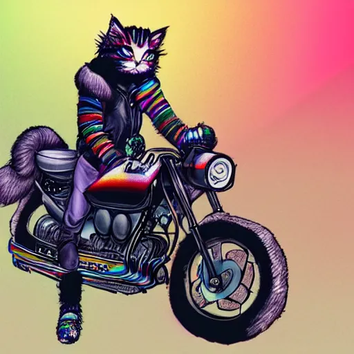 Image similar to wide angle full body, jacket wearing fluffy cute rainbow kitten wearing a black leather motorcycle jacket, riding on a motorcycle, cinematic concept art