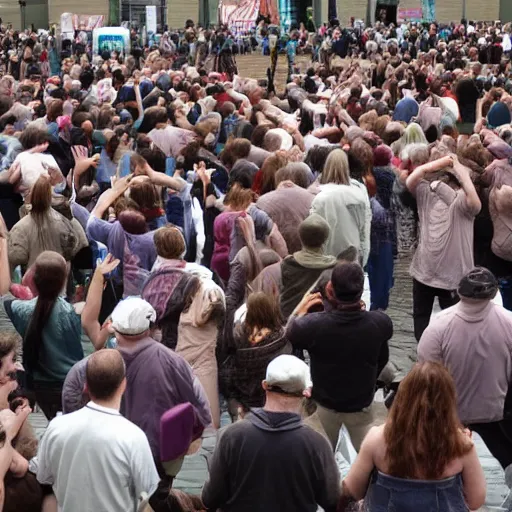 Image similar to crowd of people worshipping the flying spaghetti monster