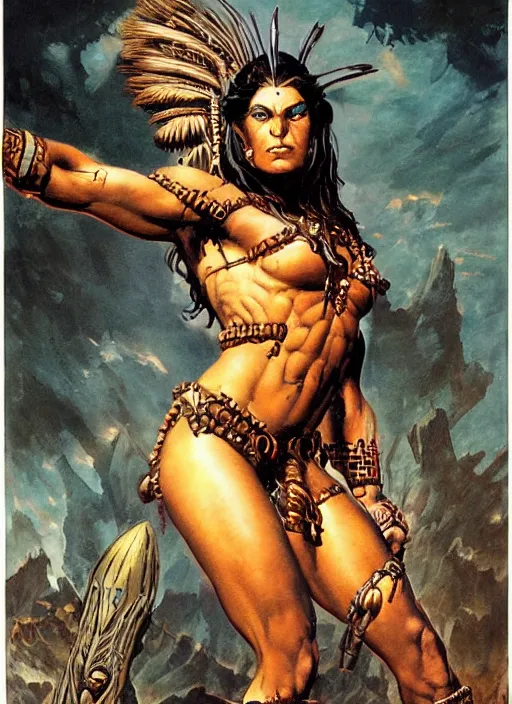 Image similar to a highly detailed symmetrical painting of a female amazon warrior with piercing beautiful eyes in dark tomb setting, dynamic lighting, ambient lighting, deviantart, art by frank frazetta and glenn fabry