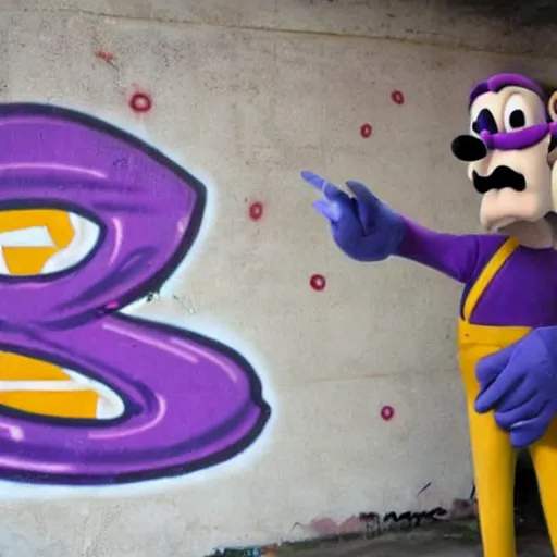 Image similar to waluigi crying, graffiti, photo