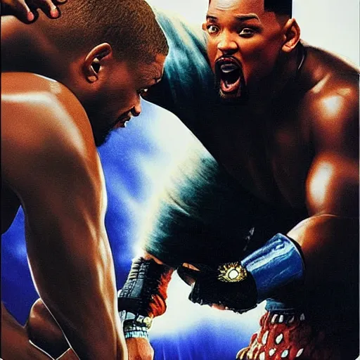 Image similar to will smith fighting a giant will smith visually stunning, cinematic, ultra realistic, hyper realism, 1 2 k, epic