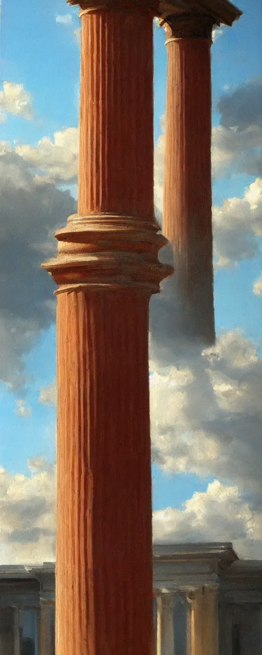 Prompt: hyperrealism, red box lying near antique columns, gorgeous clouds, soft light, in style of classicism