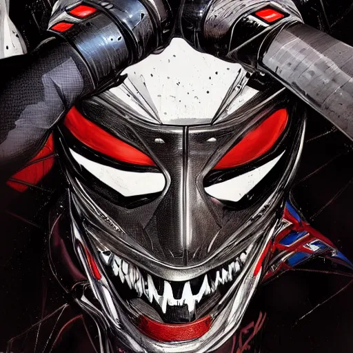 Image similar to a portrait of spawn in a racing helment by sandra chevrier, detailed render, epic composition, cybernetics, 4 k realistic, cryengine, realistic shaded lighting, sharp focus, masterpiece, by matteo scalera, gary montalbano, peter elson in the style of the tokyo ghost comic