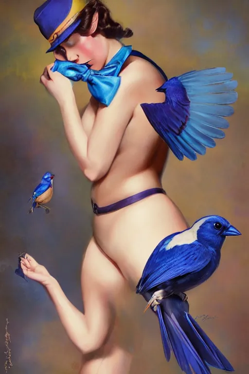 Prompt: pinup girl holding an indigo bunting, bird, the bird is wearing a bowtie, by greg rutkowski, rossdraws, gil elvgren, enoch bolles, anime, porcelain skin, very coherent