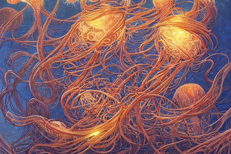 Prompt: a beautiful hyperrealistic ultradetailed comic cover art of gigantic glowing complex multi-layered intricate jellyfish creatures with long flowing tendrils, by Justin Gerard and Laurie Greasley and Peter Mohrbacher and Dan Mumford, tarot card art, detailed shading, micro details, dramatic lighting, volumetric lighting, 8k